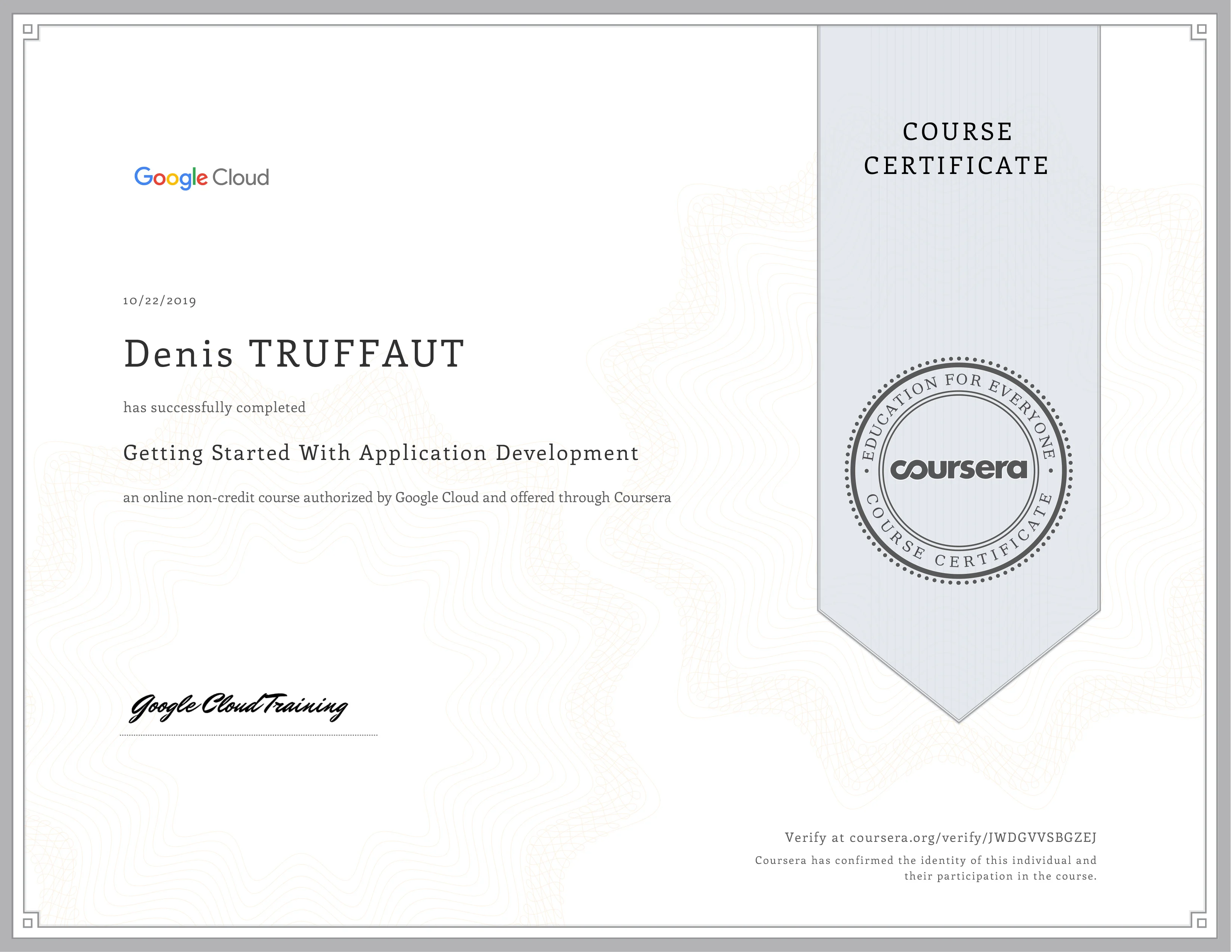 certification Google Cloud Getting started with application development GCP