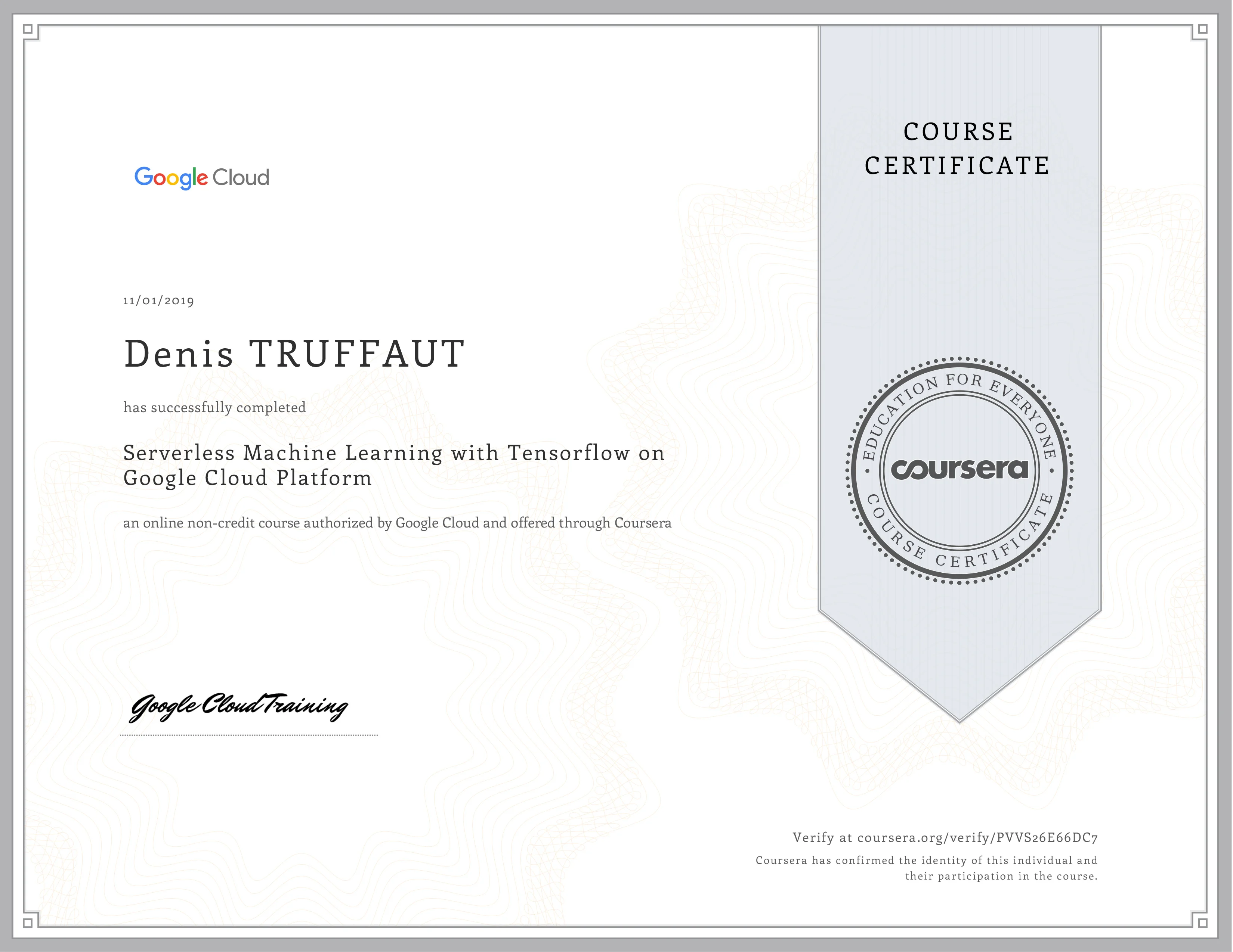 certification Google Cloud Google Serverless machine learning with Tensorflow on GCP GCP