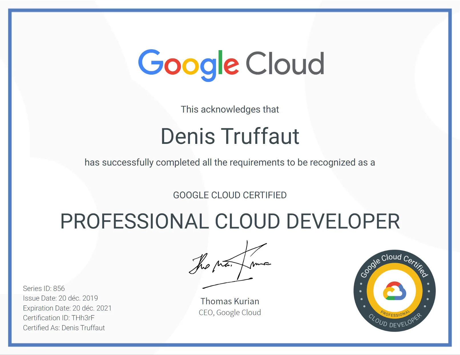 certification Google Cloud Certified Professional Cloud Developer GCP
